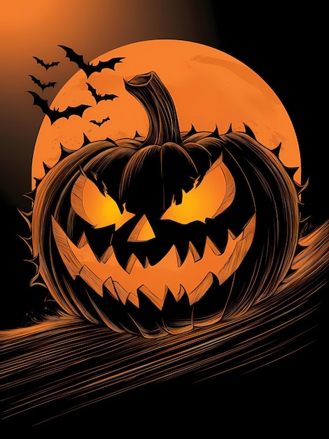 una calabaza con murciélagos y una luna llena en el fondo
