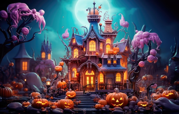 Calabaza naranja en un carro y calabazas esparcidas en el fondo del castillo Ilustración promocional de una venta de Halloween IA generativa