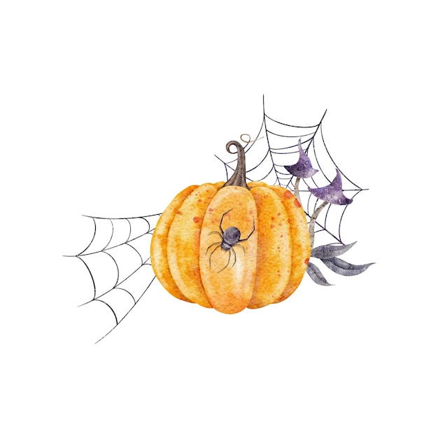 Calabaza naranja de halloween con araña y hongo de tela de araña deja ilustración de cosecha de acuarela