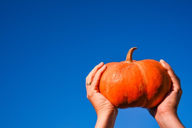 Calabaza naranja en manos contra el fondo del cielo azul.