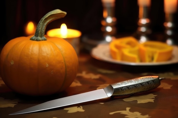 Calabaza naranja pequeña para Halloween en la mesa con cuchillo