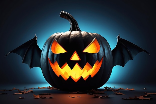 Foto calabaza negra 3d con una sonrisa espeluznante y ojos brillantes ilustración para un cartel o cartel para las vacaciones de halloween