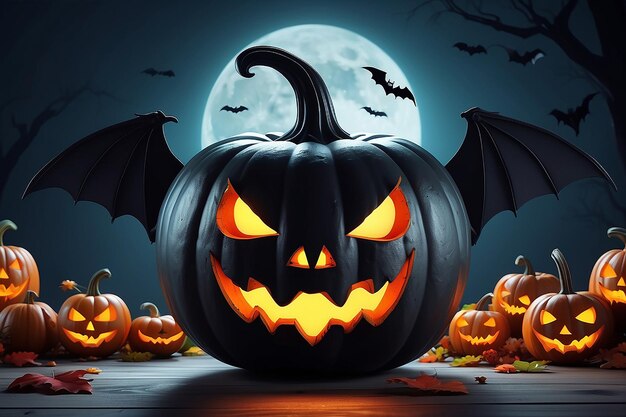 Foto calabaza negra 3d con una sonrisa espeluznante y ojos brillantes ilustración para un cartel o cartel para las vacaciones de halloween