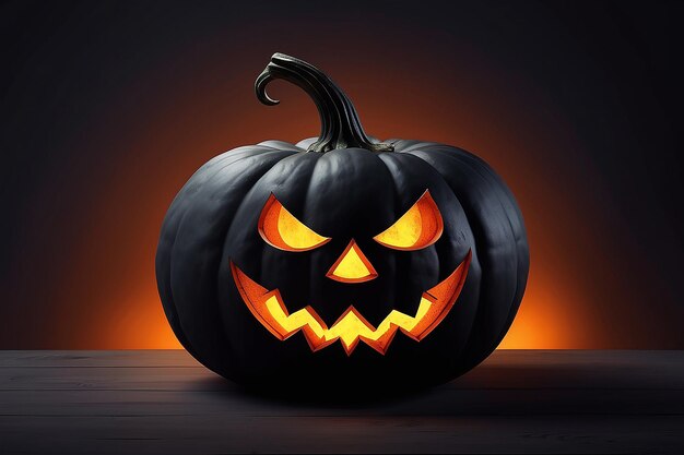 Foto calabaza negra 3d con una sonrisa espeluznante y ojos brillantes ilustración para un cartel o cartel para las vacaciones de halloween