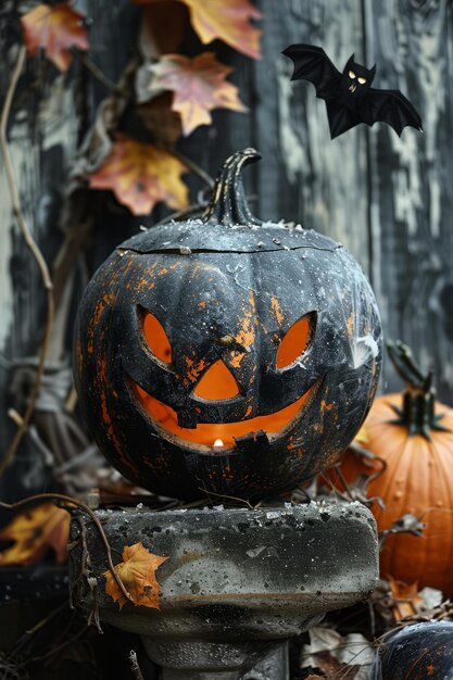 Foto calabaza negra de halloween con una vela en el interior