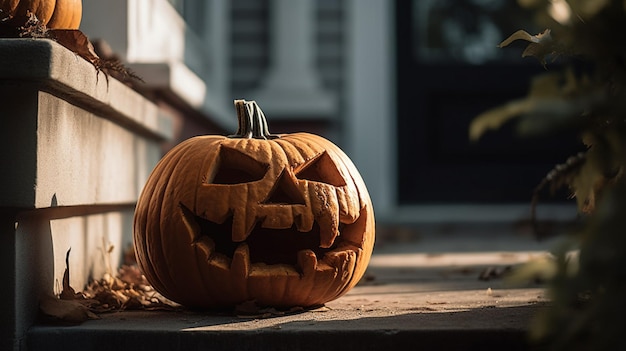 Una calabaza con un ojo verde se sienta en un porche.