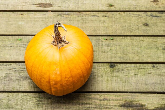 Calabaza redonda grande sobre fondo rústico de madera vista superior