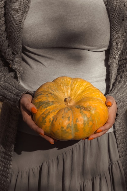 Calabaza redonda naranja madura en manos de mujeres