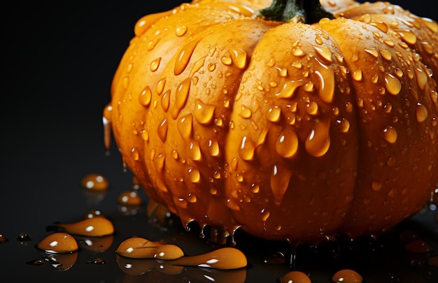 Calabaza con salpicaduras de agua sobre un fondo negro