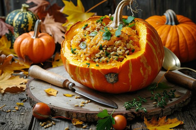 una calabaza sentada encima de una tabla de cortar de madera