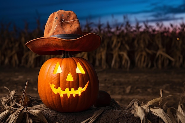 Una calabaza se sienta en un campo de maíz con un sombrero en ella.