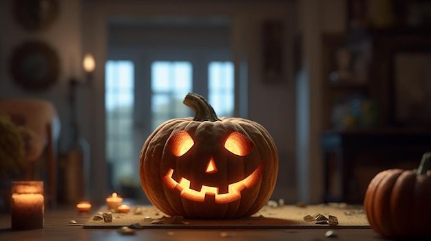 Una calabaza se sienta en una mesa con la palabra halloween.