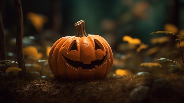 Una calabaza se sienta en un trozo de hierba con las palabras halloween.