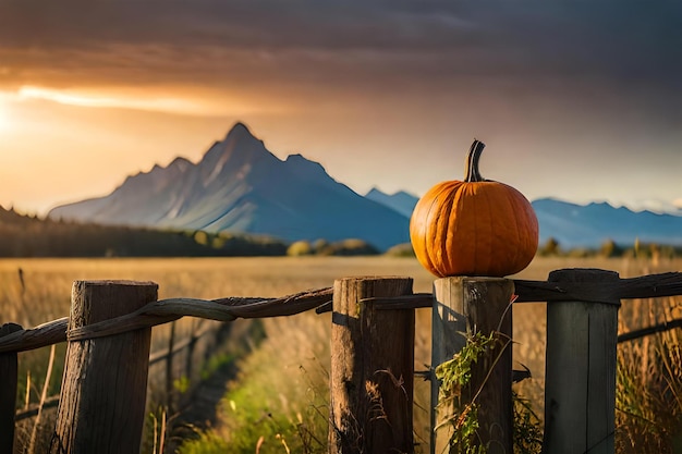 Foto una calabaza se sienta en una valla frente a una cadena montañosa.