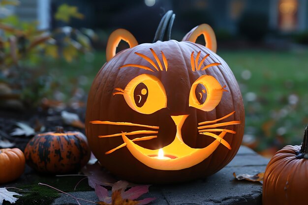 Foto una calabaza tallada con una cara de gato en ella