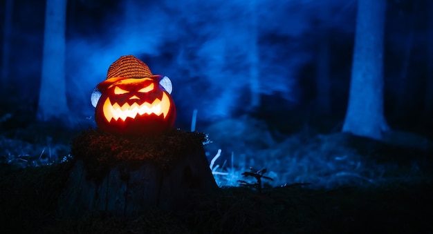 Calabaza tallada espeluznante para halloween con humo azul en el fondo de un concepto de bosque oscuro holid ...