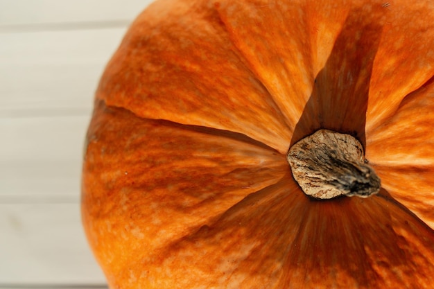 Calabaza con textura naranja fresca brillante sobre una mesa de madera blanca en el jardín al atardecer Verduras de otoño