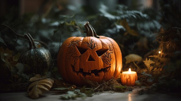 Una calabaza con una vela en el medio se sienta sobre una mesa.