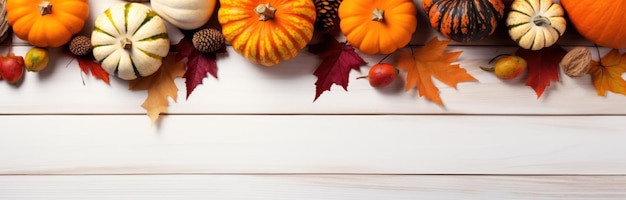 Calabazas de Acción de Gracias en una superficie de madera blanca cubierta con hojas de otoño generadas por IA