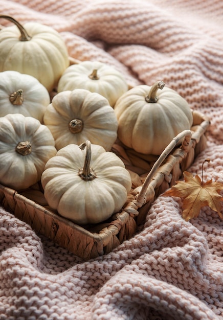 Calabazas blancas y hojas de otoño en una bandeja de mimbre