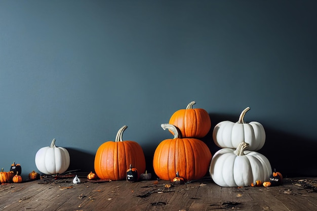 Calabazas blancas y naranjas en el suelo Calabazas de Halloween