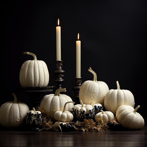 Calabazas blancas y negras, velas blancas en candelabros negros sobre fondo negro