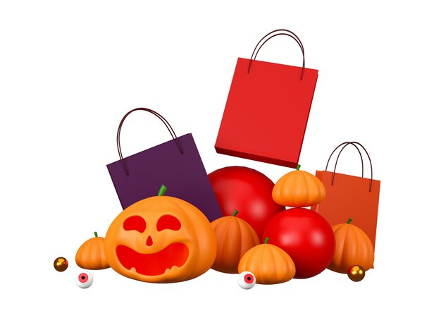 calabazas y bolsa de compras sobre fondo blanco.