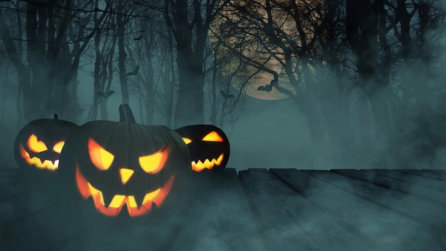 Calabazas brillantes de miedo en tablas de madera en un bosque de niebla con luna y murciélagos Feliz halloween creativo