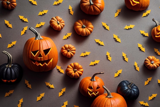 Calabazas con caras espeluznantes calabazas en el piso Tema de Halloween