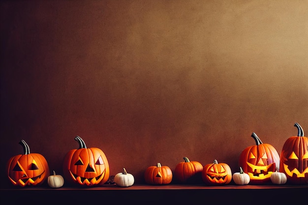 Calabazas con caras talladas yacen en el suelo Calabazas de linterna naranja espeluznantes