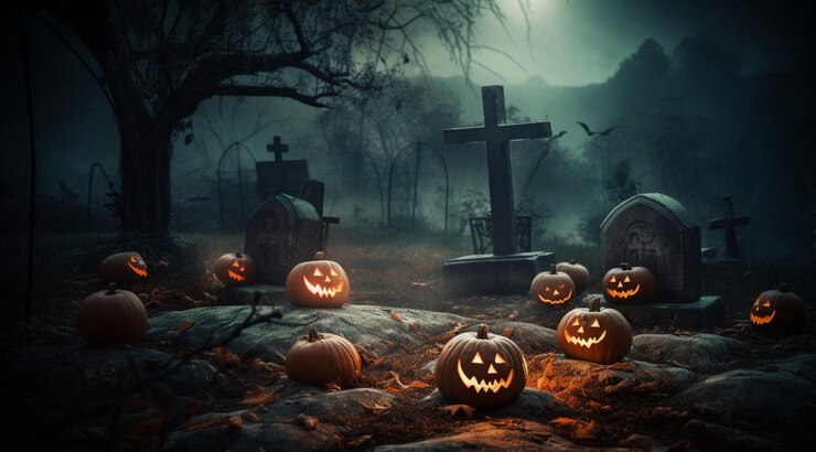 Calabazas en el cementerio creadas con tecnología de IA generativa