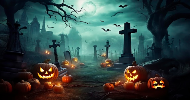 Calabazas en el cementerio en la noche espeluznante como telón de fondo de Halloween