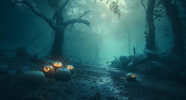 Calabazas en el cementerio en el telón de fondo de Halloween Spooky Night