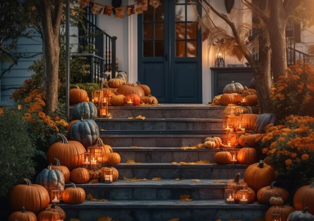 Calabazas cerca de la puerta durante la temporada de Halloween