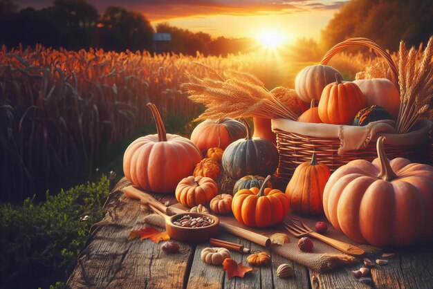 las calabazas de cesta y otras verduras de otoño se exhiben en una mesa de madera