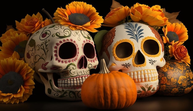 Calabazas del Cinco de Mayo con calaveras pintadas y flores