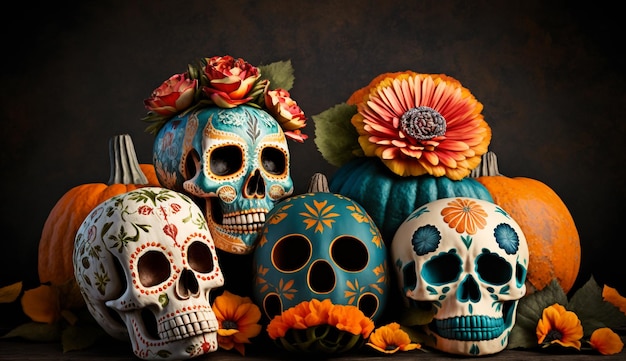 Calabazas del Cinco de Mayo con calaveras pintadas y flores