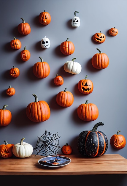 Calabazas colgadas en la mesa de la pared calabazas con caras para celebrar Halloween