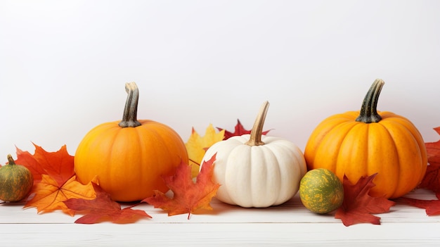 Calabazas y decoración natural de otoño para halloween y fondo de espacio de copia blanco de acción de gracias