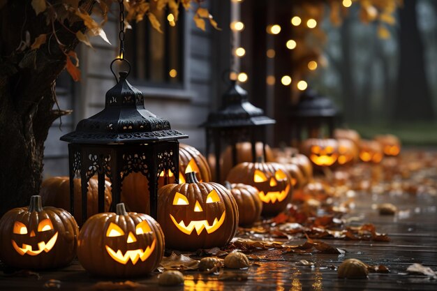 Calabazas y decoraciones de Halloween fuera de una casa generadas por ai