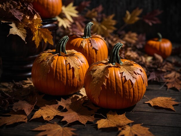 calabazas decoradas con hojas secas de arce