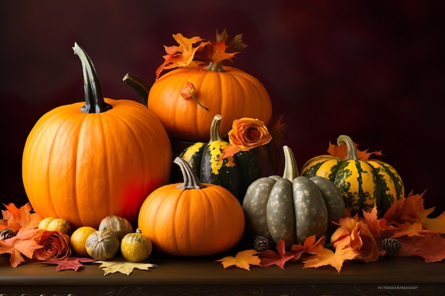 Calabazas decorativas y hojas de otoño para Halloween generadas por IA