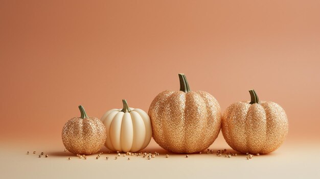 Las calabazas doradas de otoño en brillo Decoración de Halloween Fondo amarillo