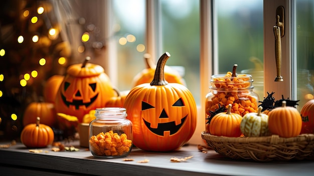 Calabazas y dulces de Halloween en el alféizar blanco de la ventana en casa 1
