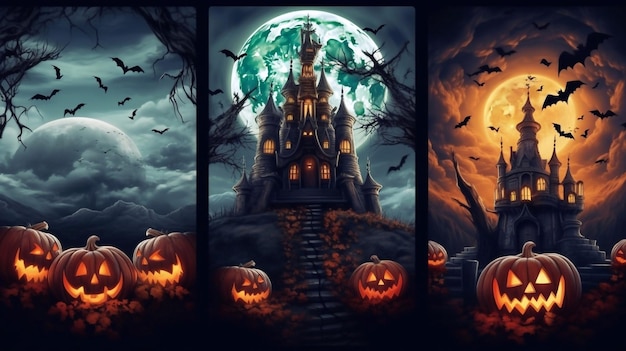Calabazas editables en PSD con un antiguo castillo y luna llena en el telón de fondo de Halloween de la noche espeluznante