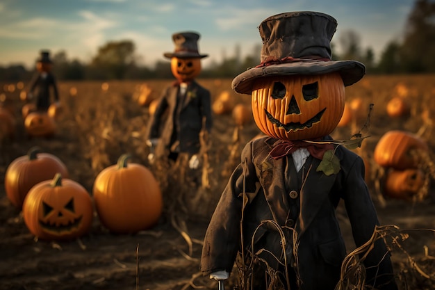 Calabazas y espantapájaros en un campo agrícola