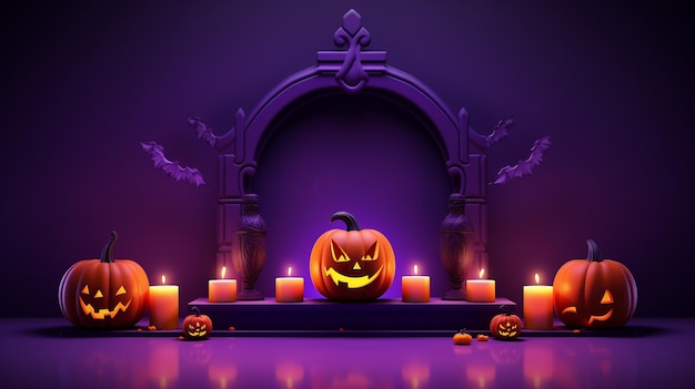 Calabazas espeluznantes de Halloween con velas y murciélagos con fondo violeta oscuro