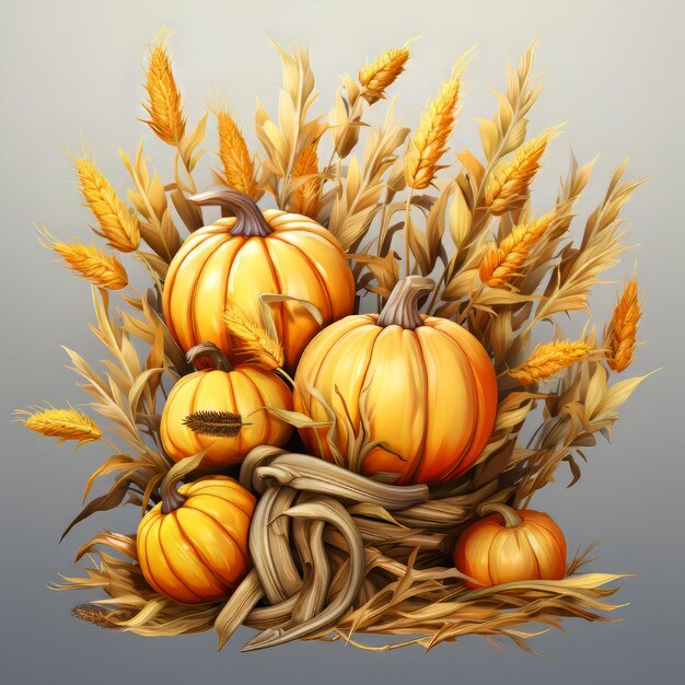 Calabazas y espigas de trigo en fondo gris Ilustración vectorial