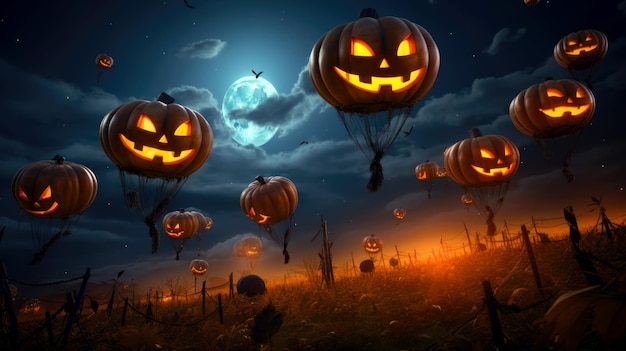 Las calabazas felices vuelan y celebran la noche de Halloween