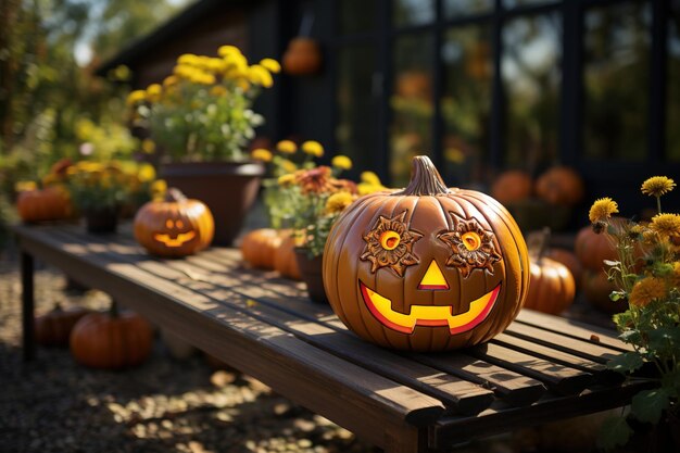 Foto calabazas y flores decoración rústica del exterior del edificio al aire libre calle de otoño festiva elegante